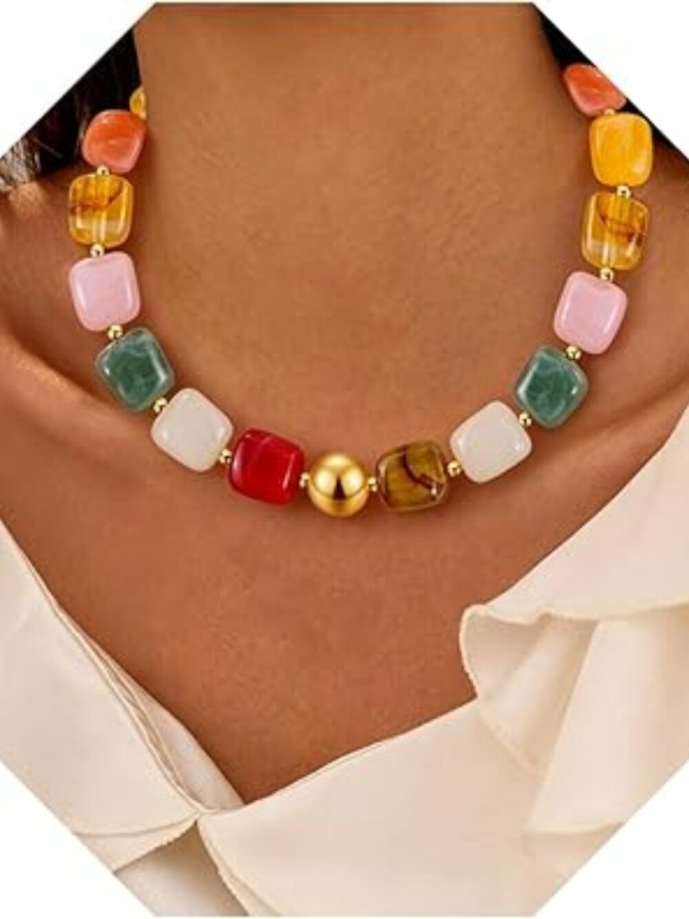 New Boho Beaded Chunky Necklace Colorful Large Square Bead Choker Trendy